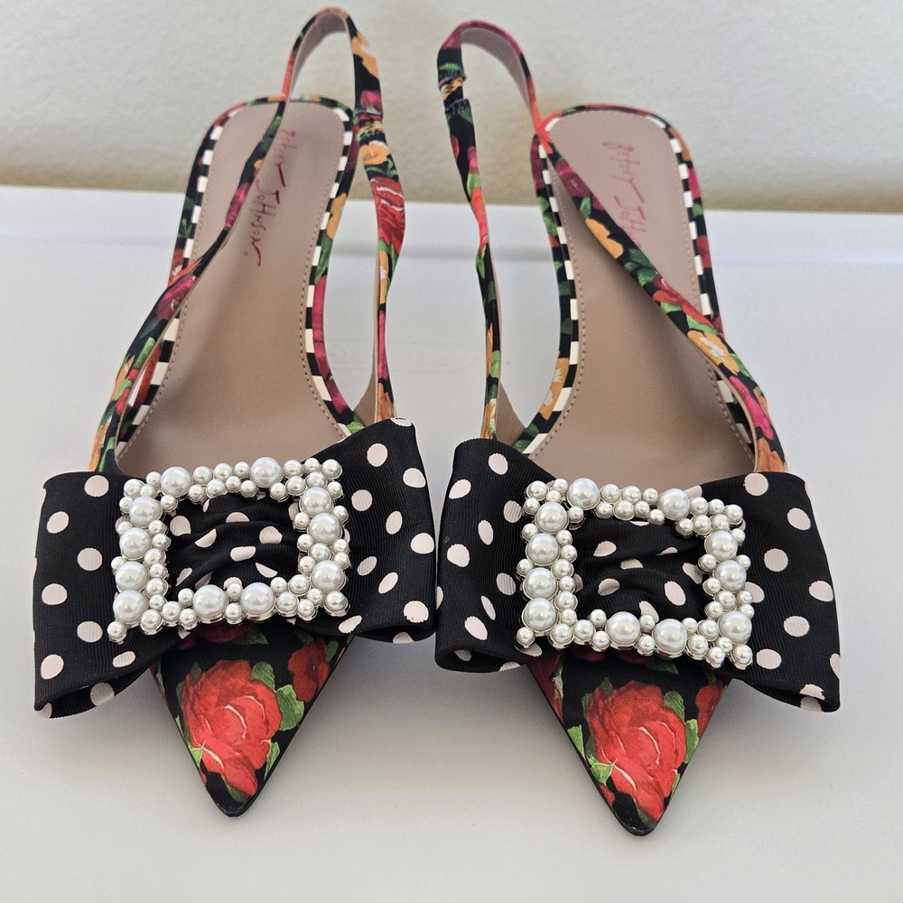 Betsey Johnson Floral Heels with Pearl Bow